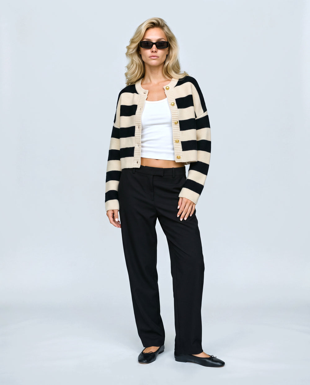 Renee Striped Button Cardigan in Black stripe, front view on a non-pregnant model
