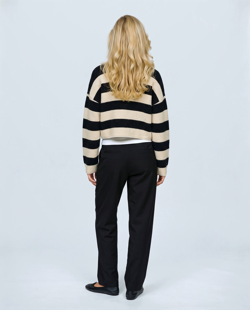 Renee Striped Button Cardigan in Black stripe, back view on a non-pregnant model