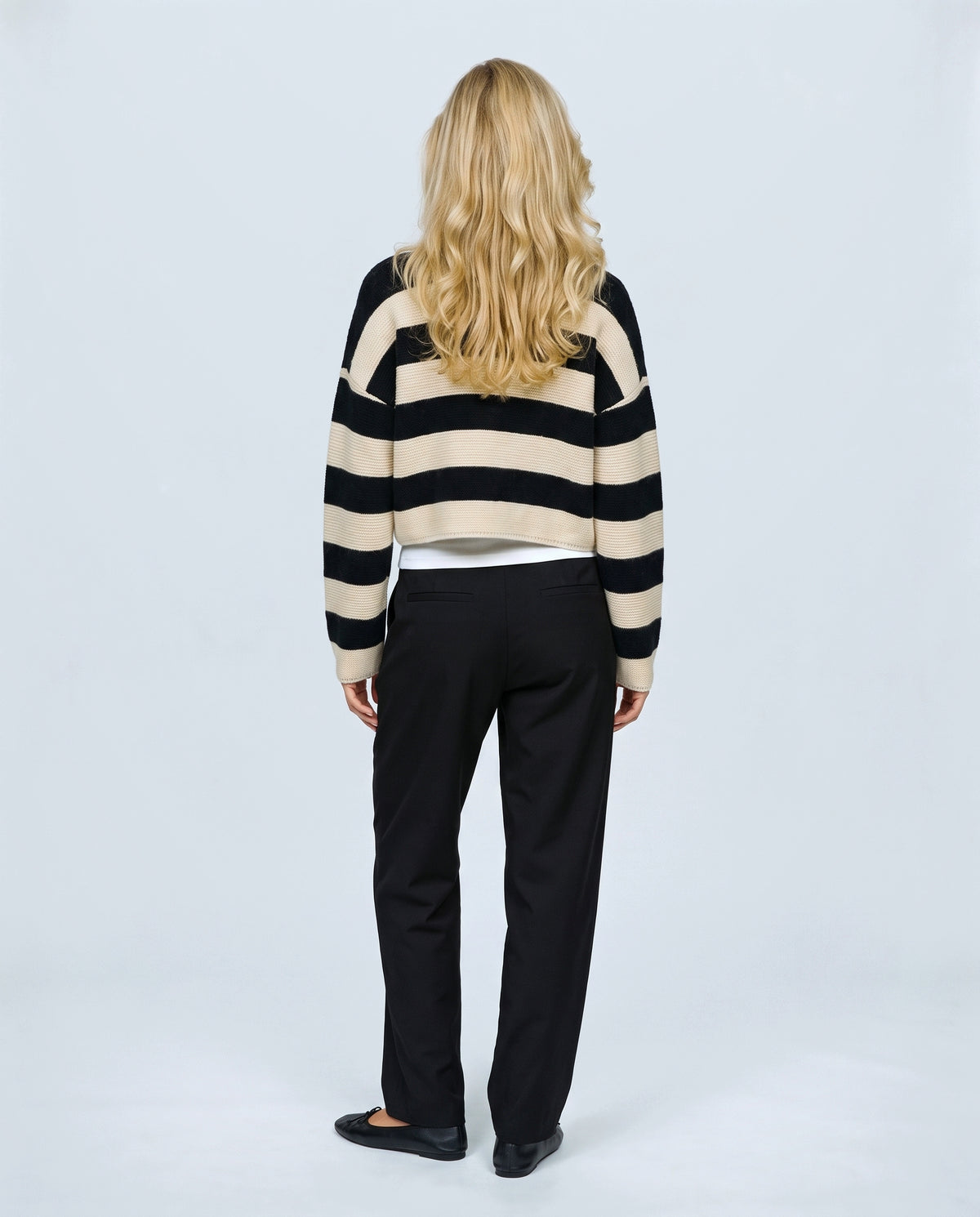 Renee Striped Button Cardigan in Black stripe, back view on a non-pregnant model