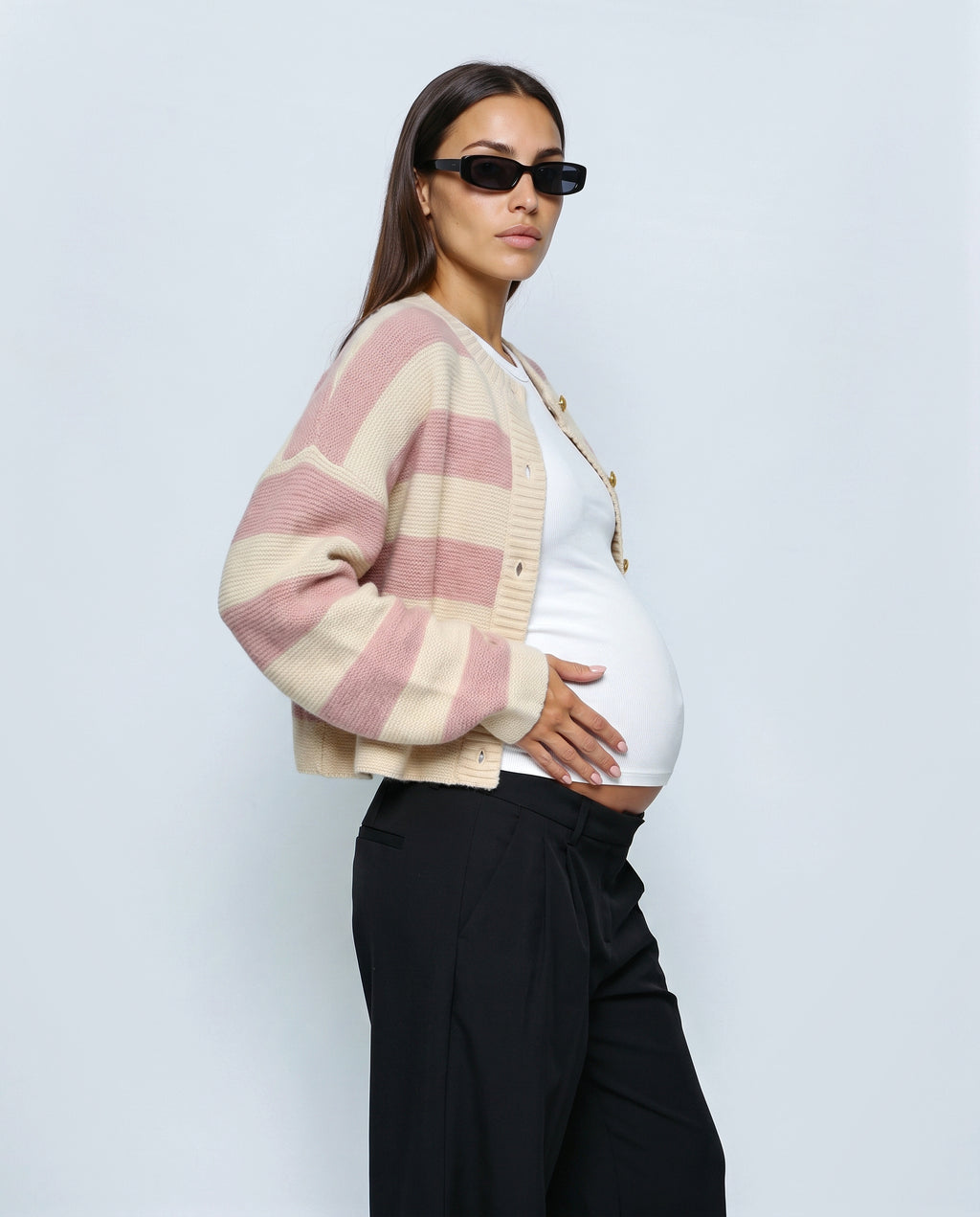 Renee Striped Button Cardigan in Pink stripe, side view