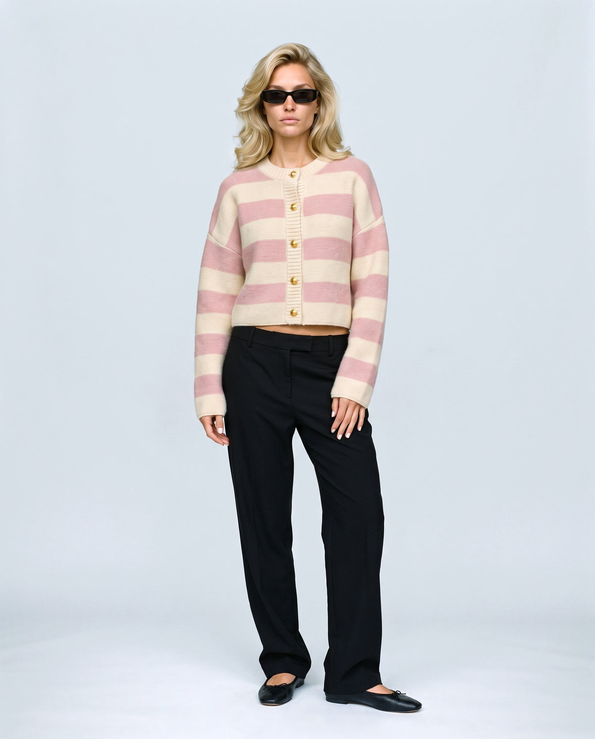 Renee Striped Button Cardigan in Pink stripe, front view on a non-pregnant model
