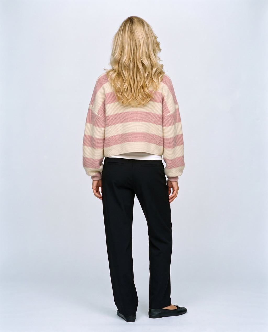Renee Striped Button Cardigan in Pink stripe, back view on a non-pregnant model