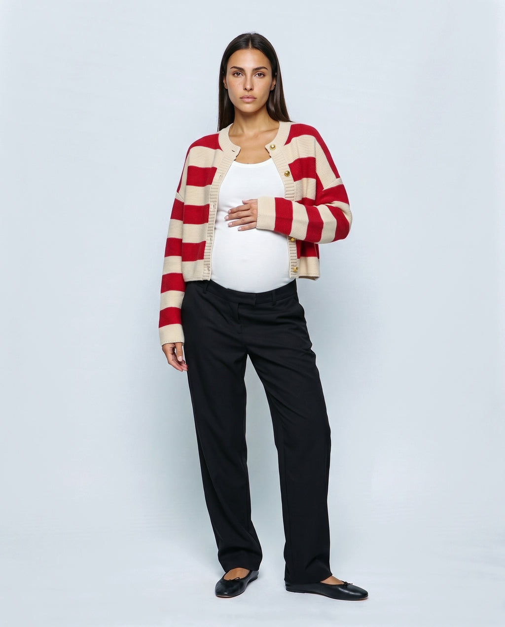 Renee Striped Button Cardigan in Red stripe, front view