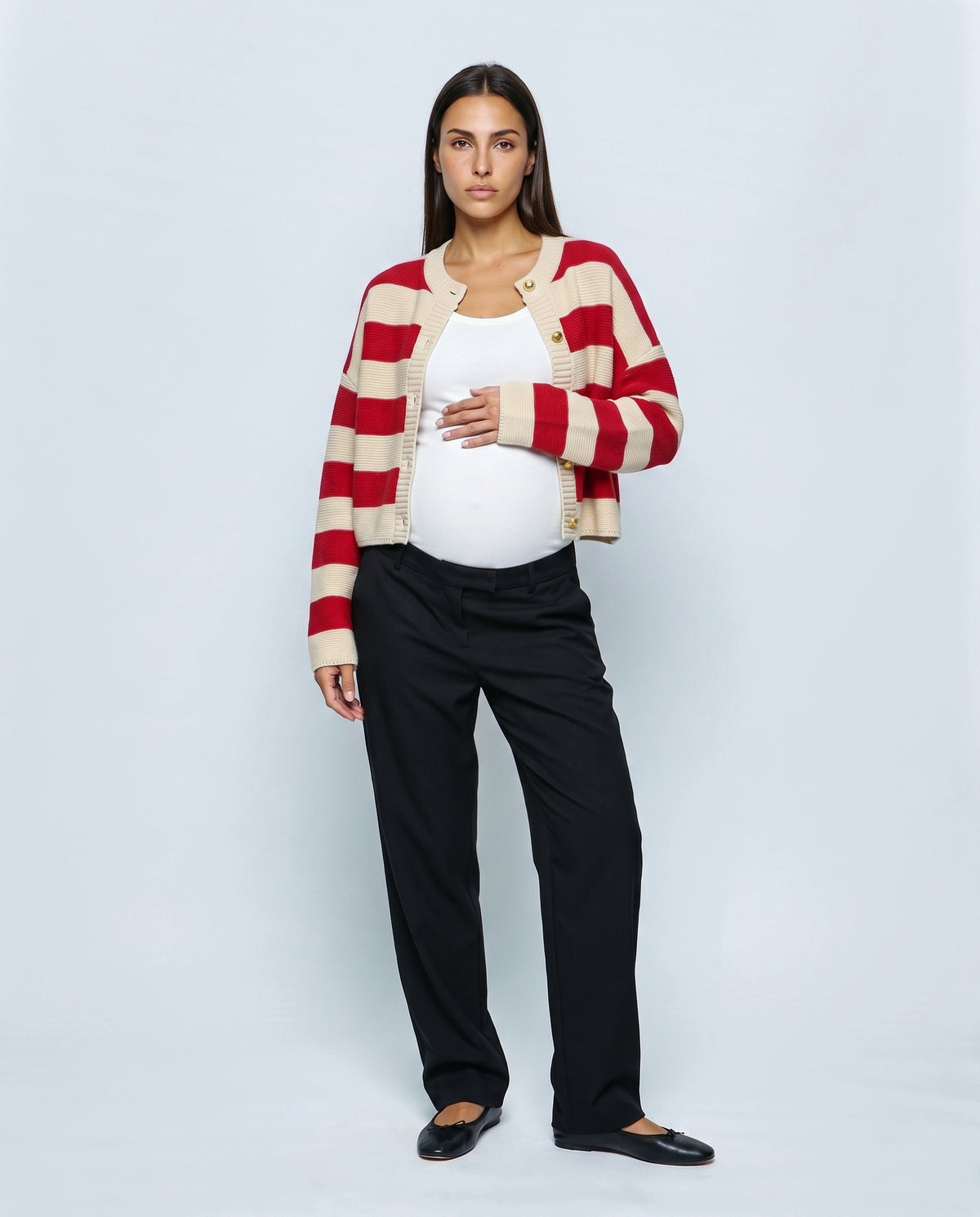Renee Striped Button Cardigan in Red stripe, front view
