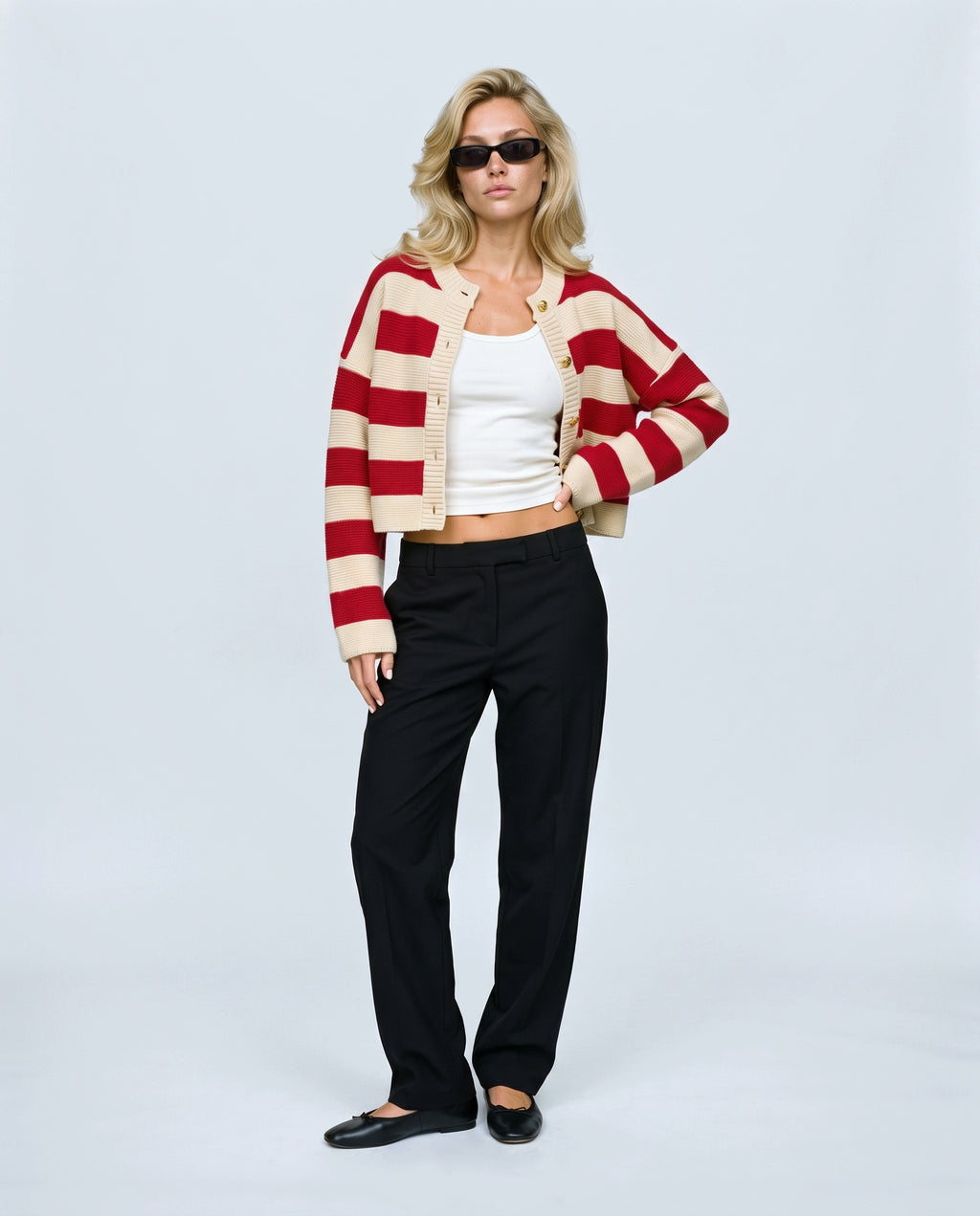 Renee Striped Button Cardigan in Red stripe, front view on a non-pregnant model