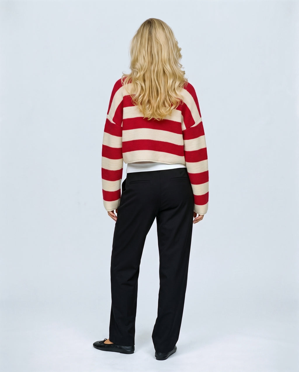 Renee Striped Button Cardigan in Red stripe, back view on a non-pregnant model