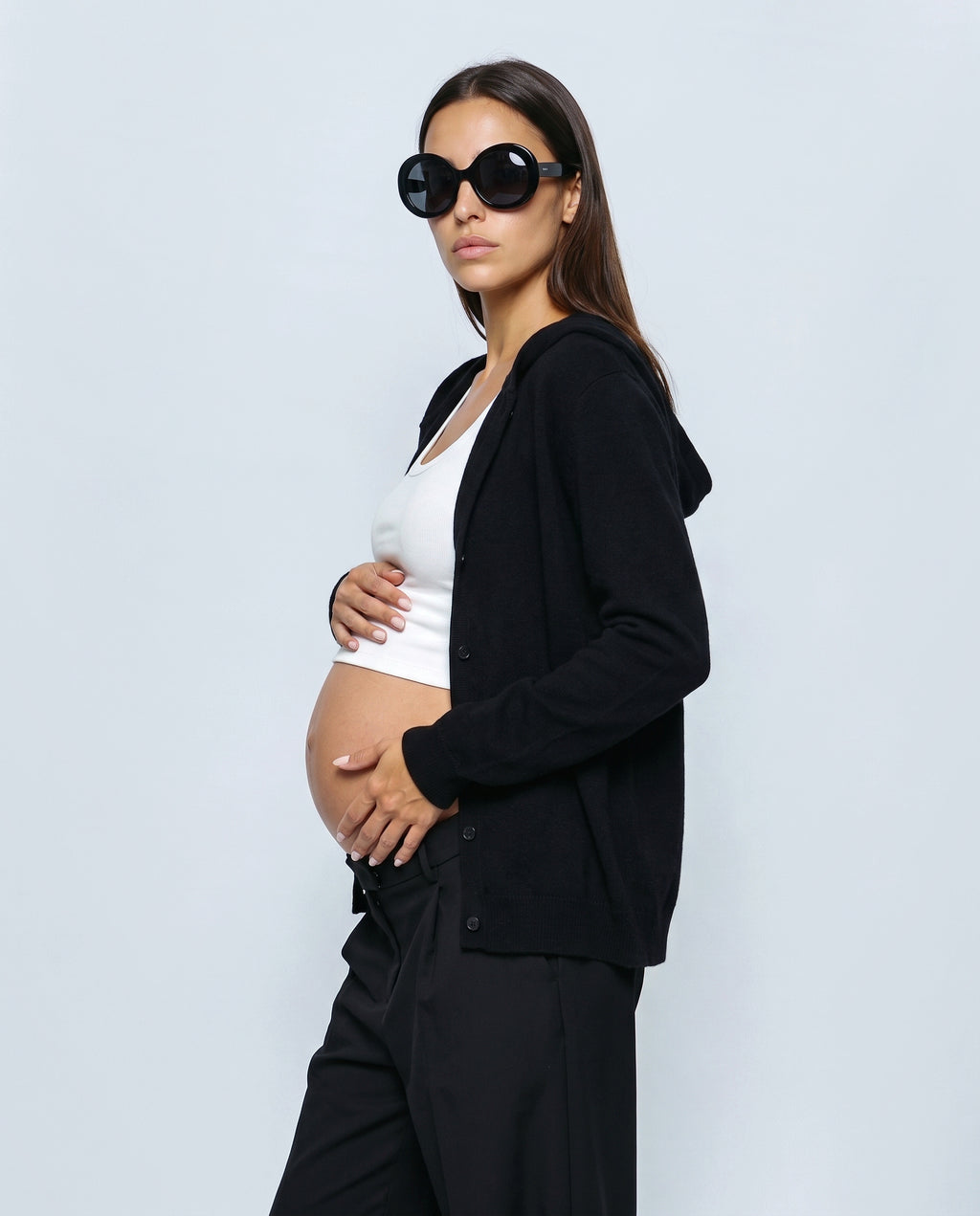 The Everyday Hooded Cardigan in Black, side view