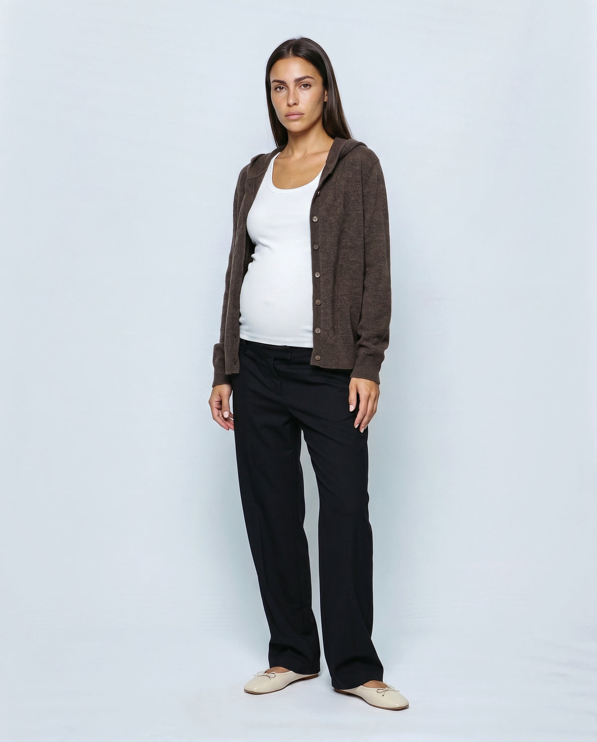 The Everyday Hooded Cardigan in Brown, front view