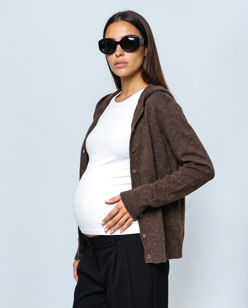The Everyday Hooded Cardigan in Brown, side view