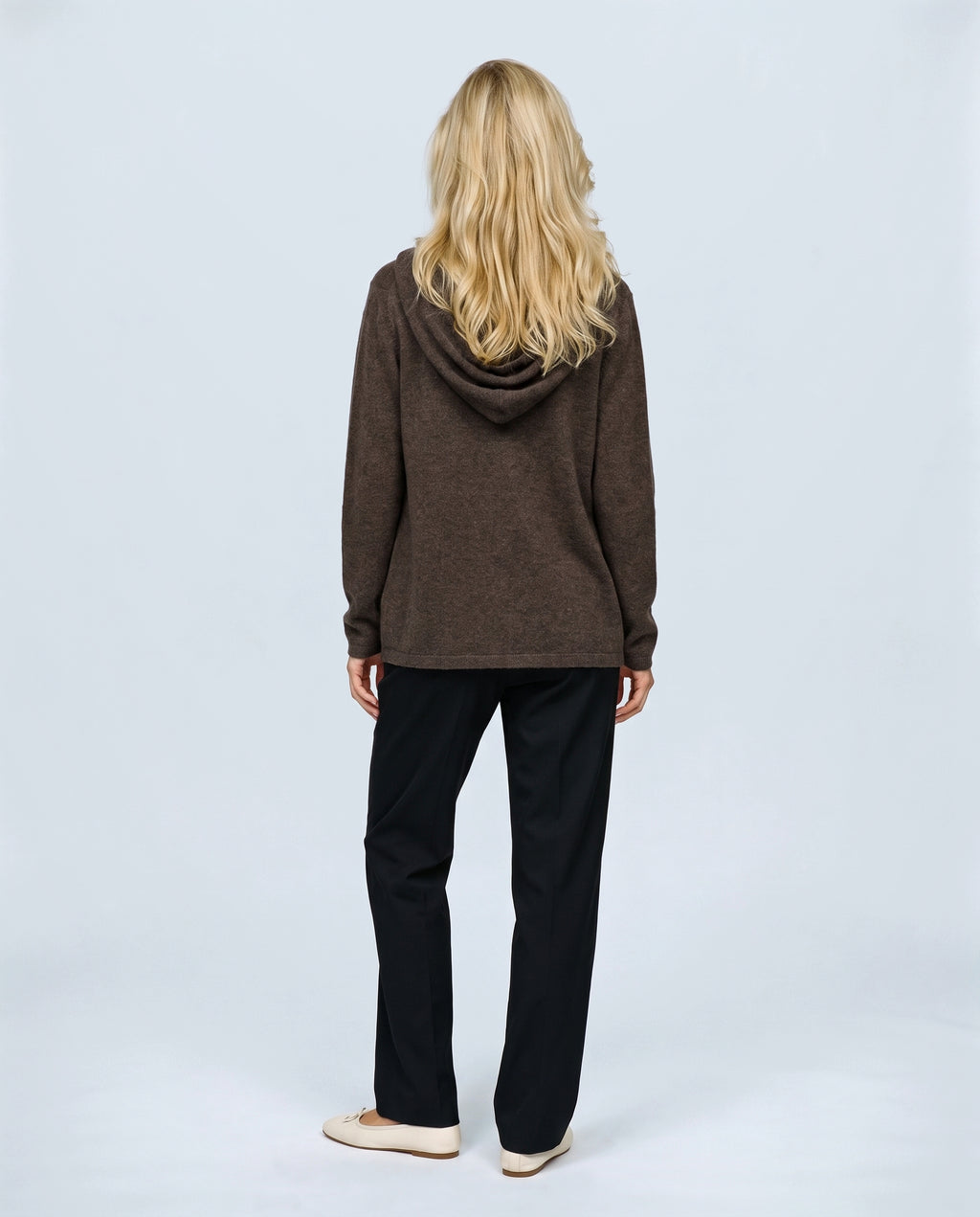 The Everyday Hooded Cardigan in Brown, back view on a non-pregnant model