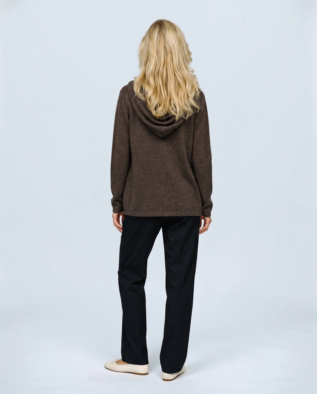 The Everyday Hooded Cardigan in Brown, back view on a non-pregnant model