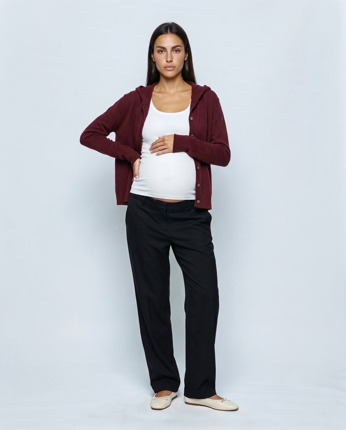 The Everyday Hooded Cardigan in Burgundy, front view