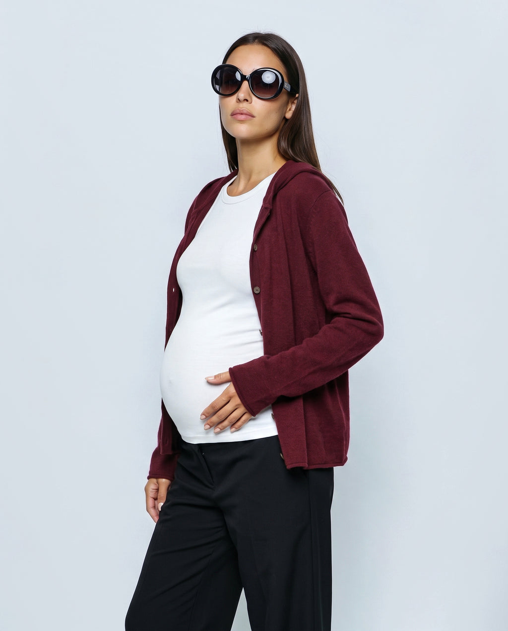 The Everyday Hooded Cardigan in Burgundy, side view
