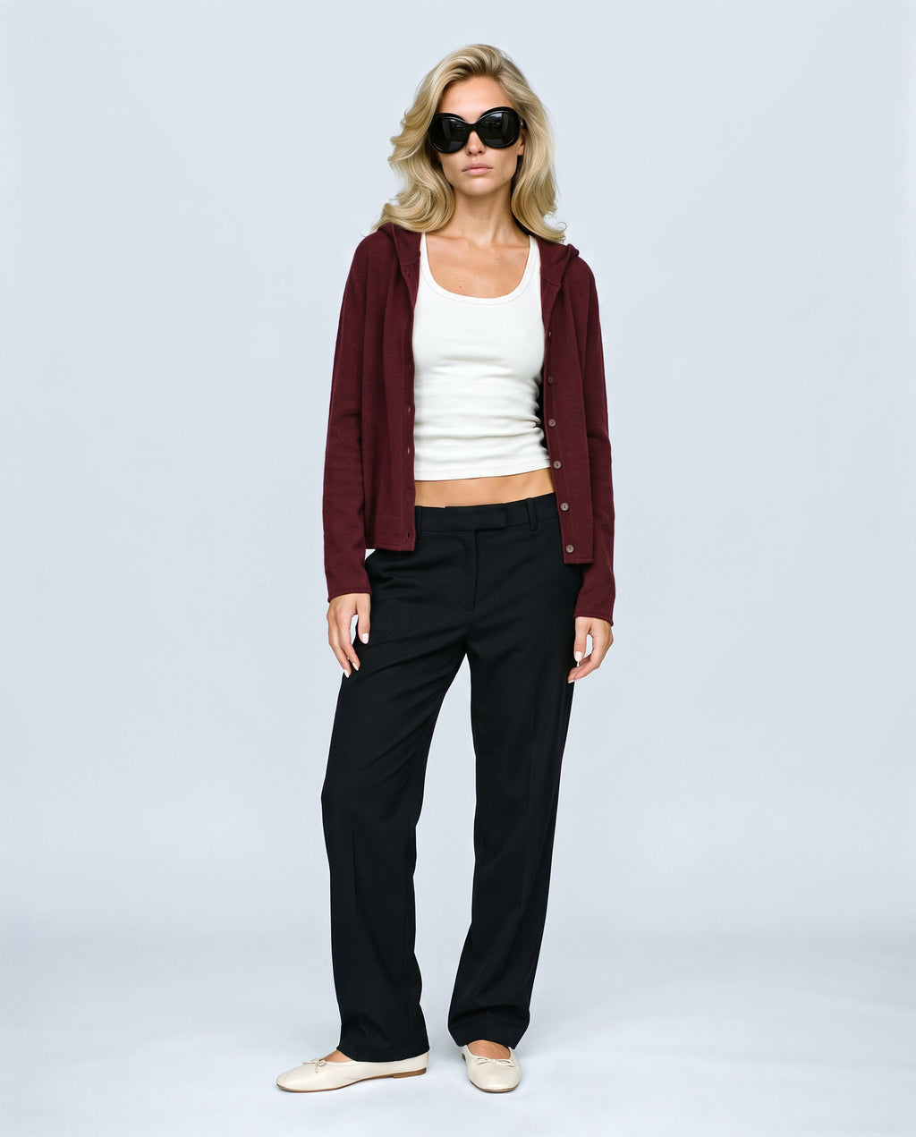 The Everyday Hooded Cardigan in Burgundy, front view on a non-pregnant model