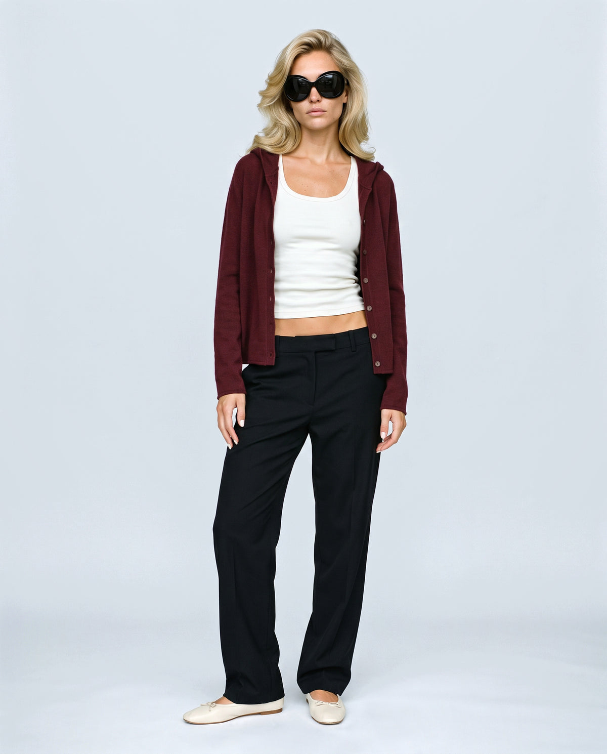 The Everyday Hooded Cardigan in Burgundy, front view on a non-pregnant model