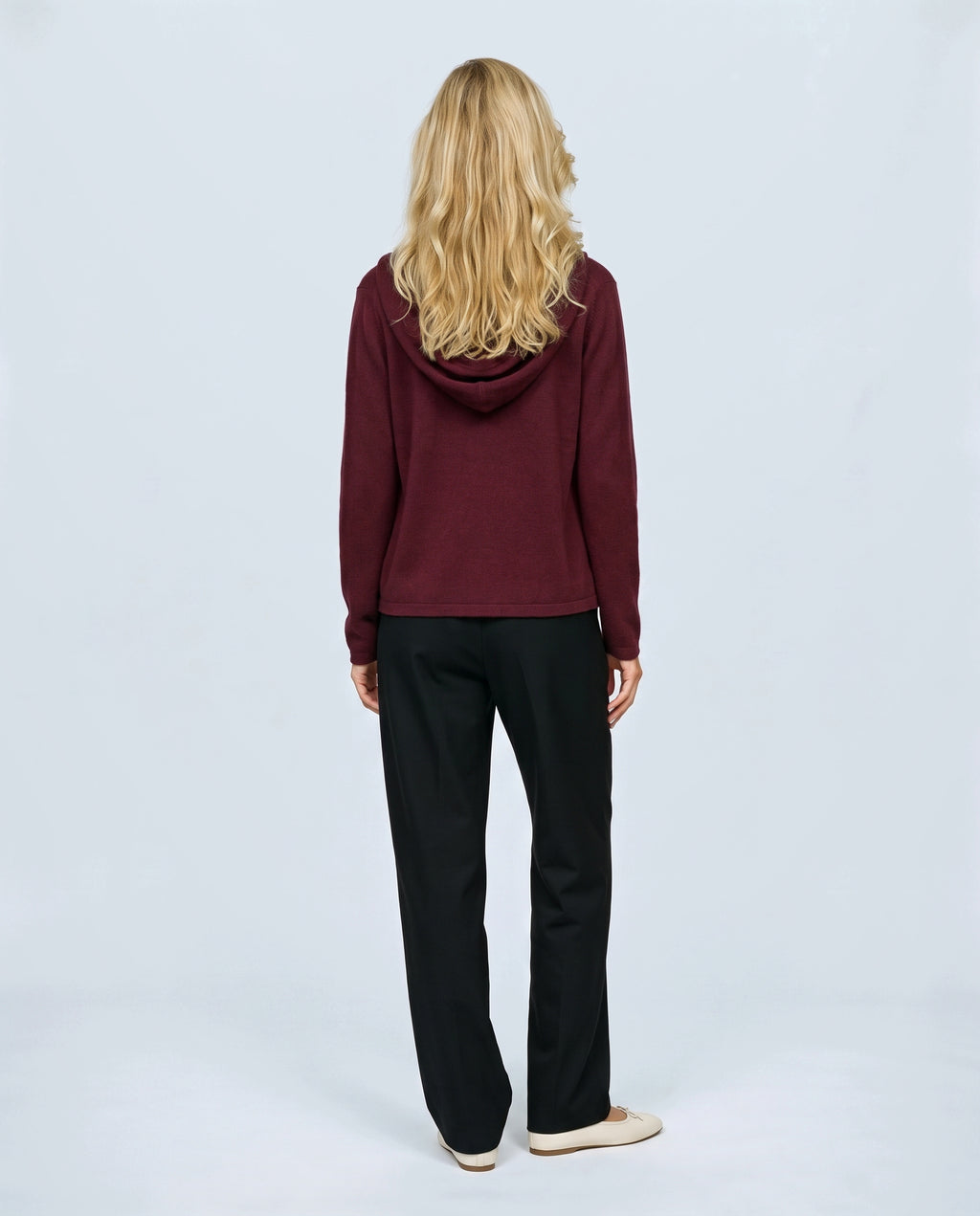The Everyday Hooded Cardigan in Burgundy, back view on a non-pregnant model