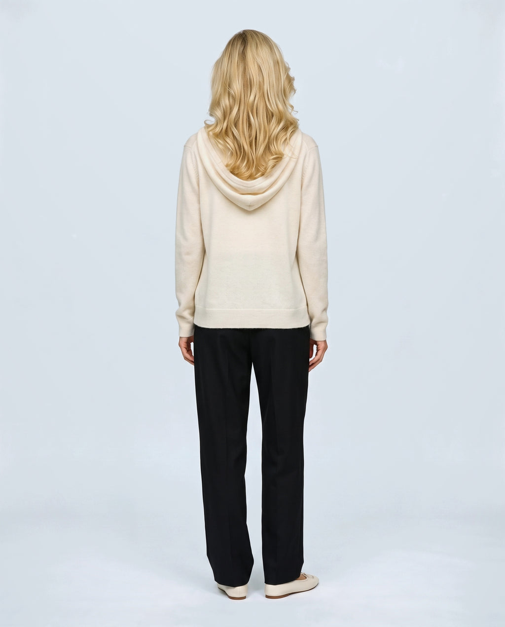 The Everyday Hooded Cardigan in Cream, back view on a non-pregnant model