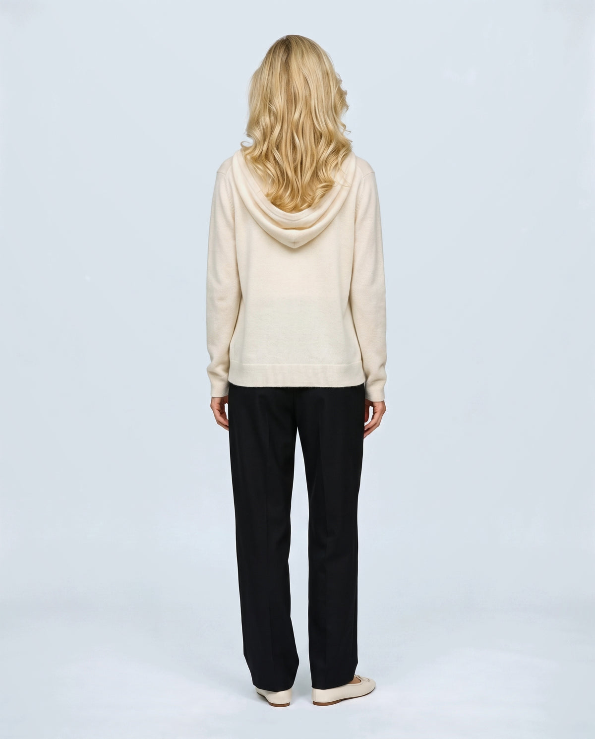 The Everyday Hooded Cardigan in Cream, back view on a non-pregnant model