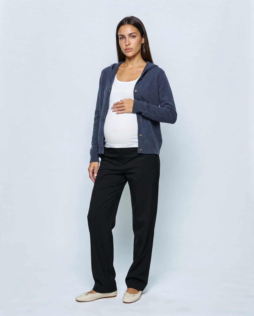 The Everyday Hooded Cardigan in Navy, front view