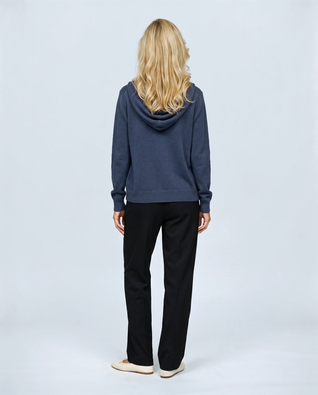 The Everyday Hooded Cardigan in Navy, back view on a non-pregnant model