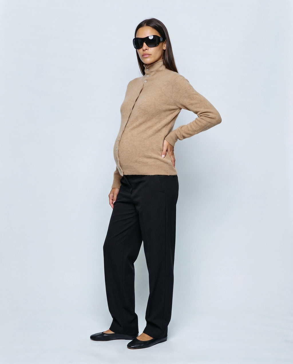 Clemence Roll-Edge Cardigan in Camel, side view