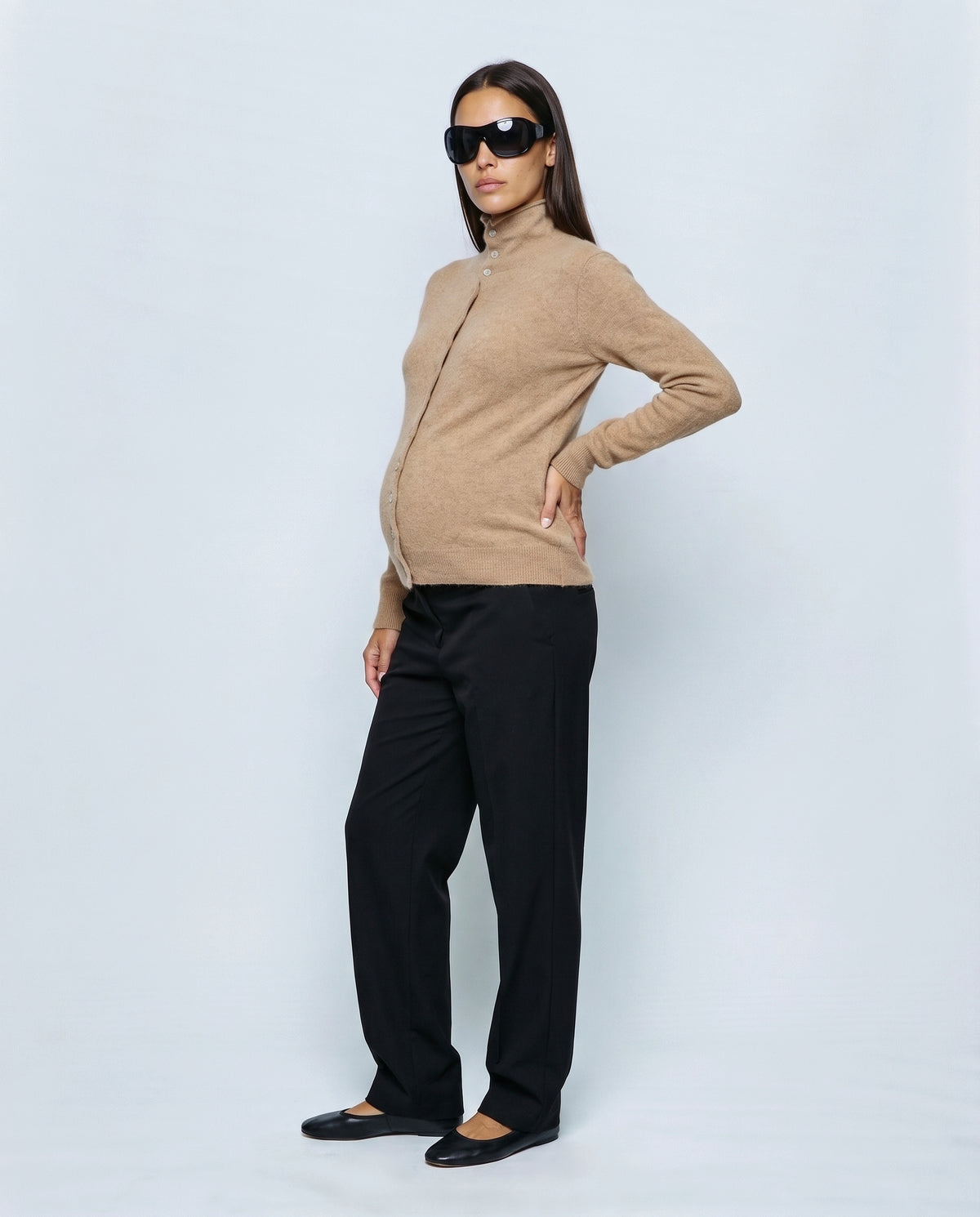 Clemence Roll-Edge Cardigan in Camel, side view