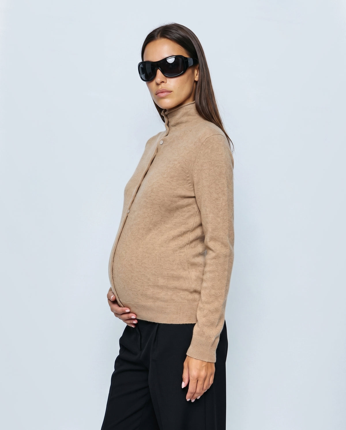 Clemence Roll-Edge Cardigan in Camel, side close-up