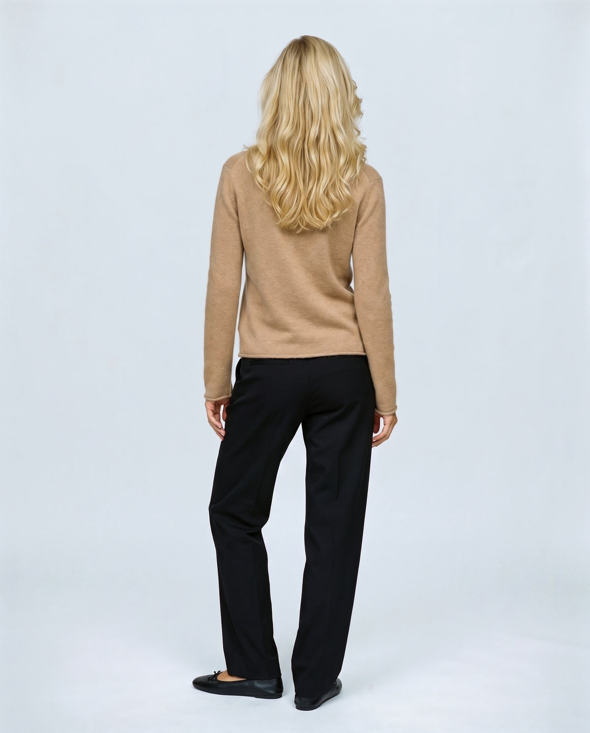 Clemence Roll-Edge Cardigan in Camel, back view on a non-pregnant model