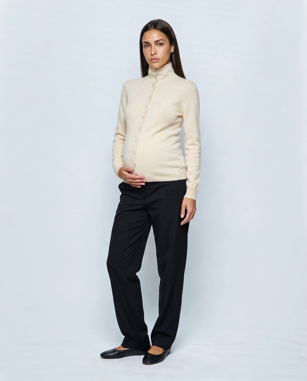 Clemence Roll-Edge Cardigan in Cream, front view