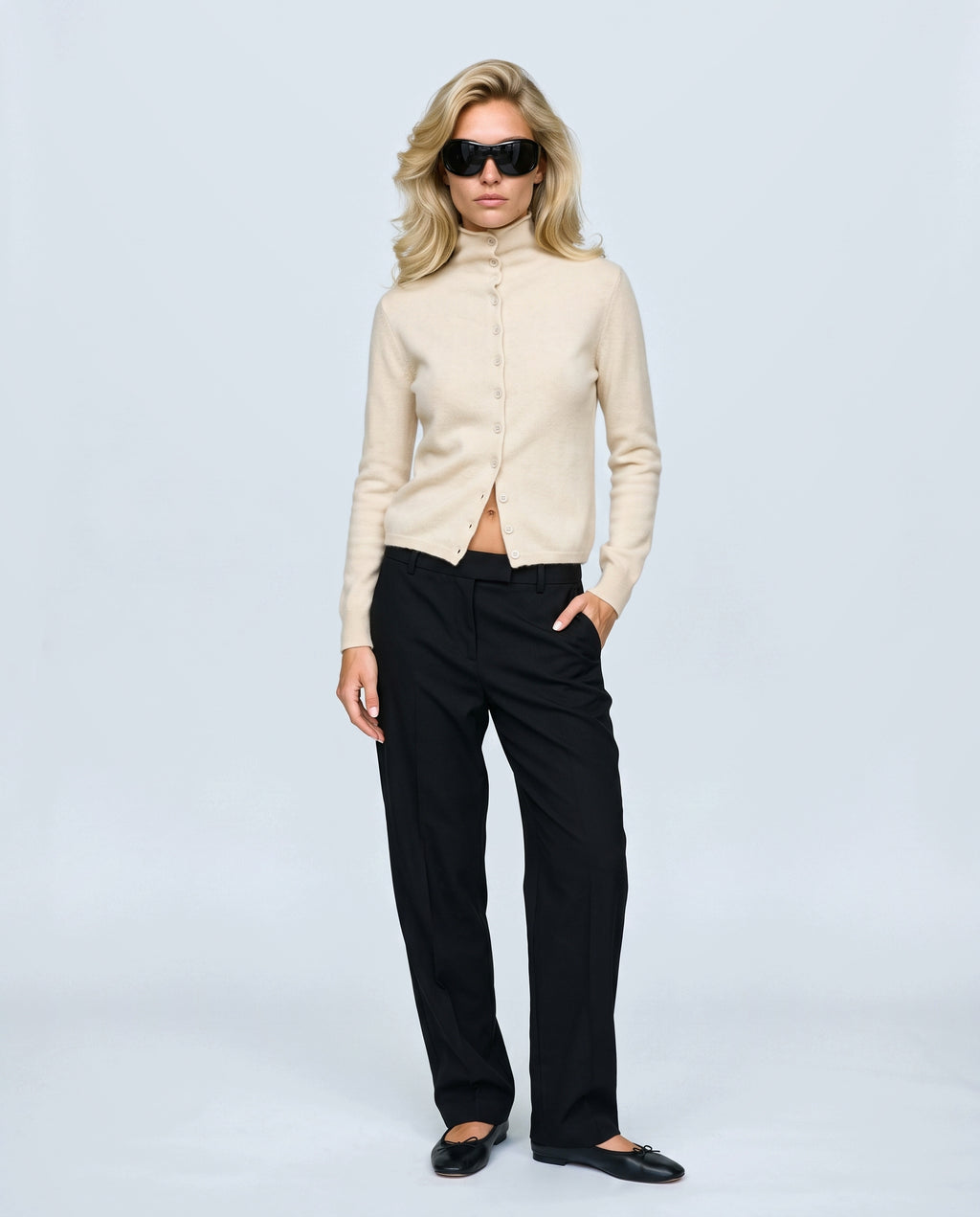 Clemence Roll-Edge Cardigan in Cream, front view on a non-pregnant model