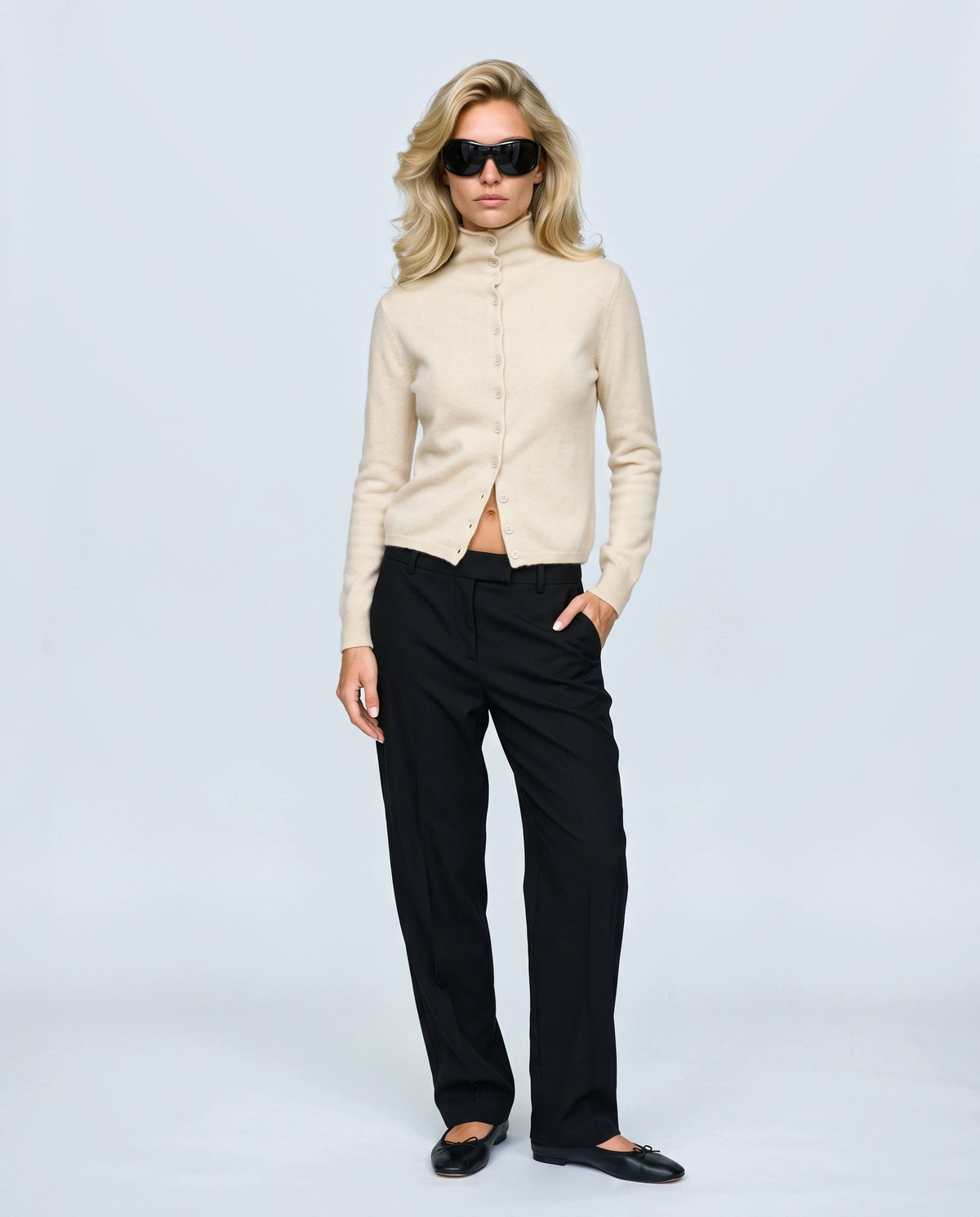 Clemence Roll-Edge Cardigan in Cream, front view on a non-pregnant model