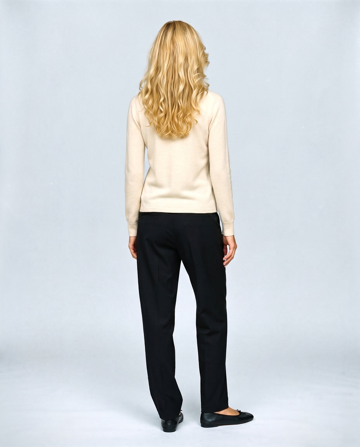 Clemence Roll-Edge Cardigan in Cream, back view on a non-pregnant model
