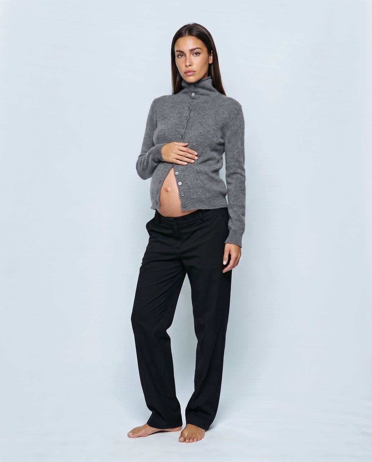 Clemence Roll-Edge Cardigan in Grey, front view