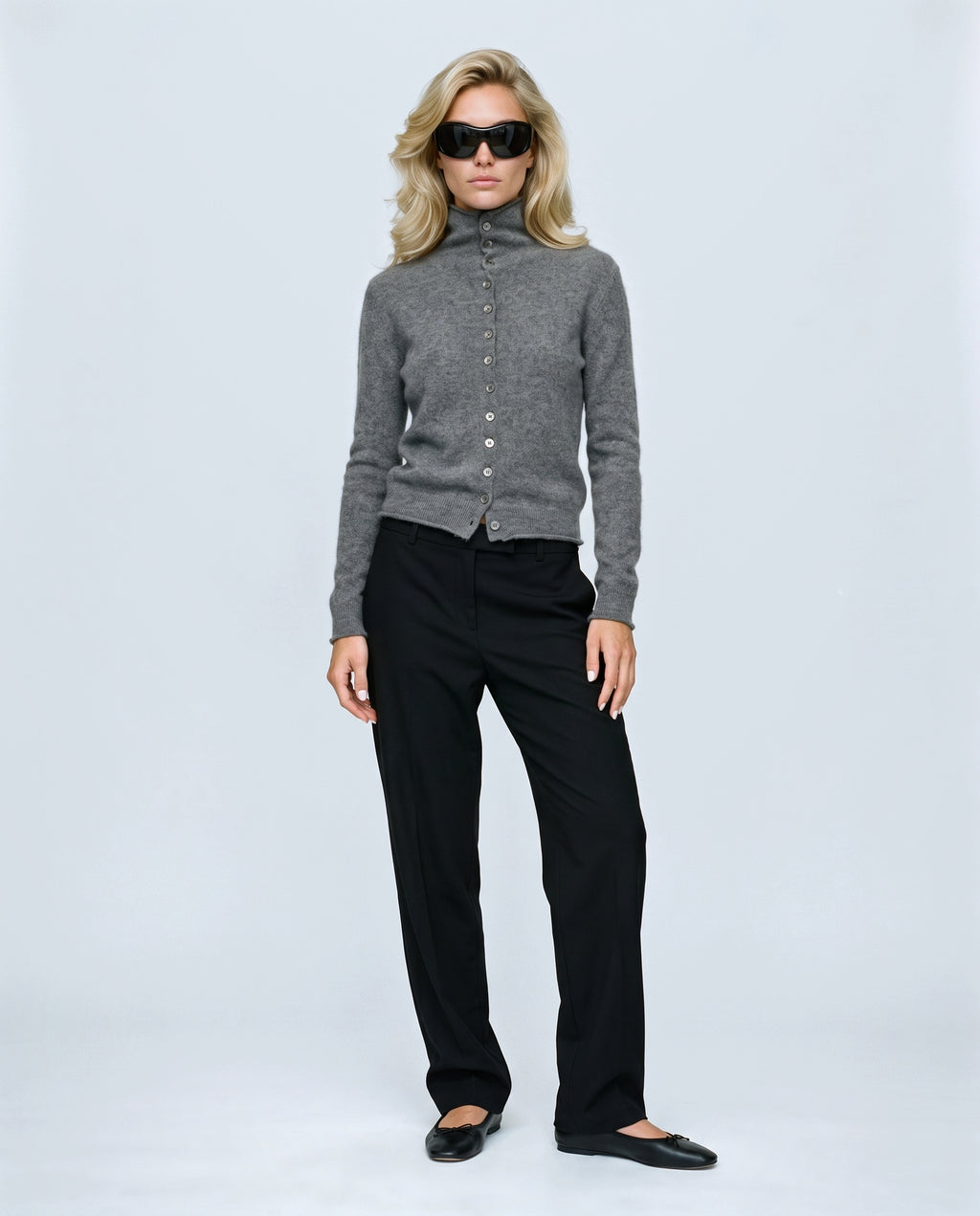 Clemence Roll-Edge Cardigan in Grey, front view on a non-pregnant model