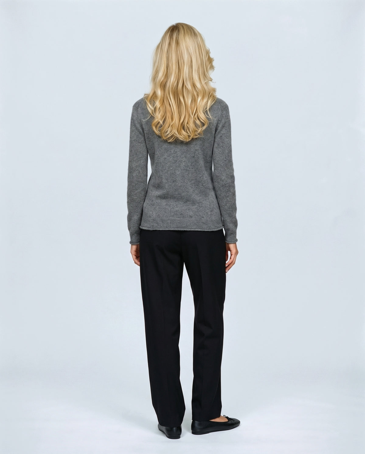 Clemence Roll-Edge Cardigan in Grey, back view on a non-pregnant model