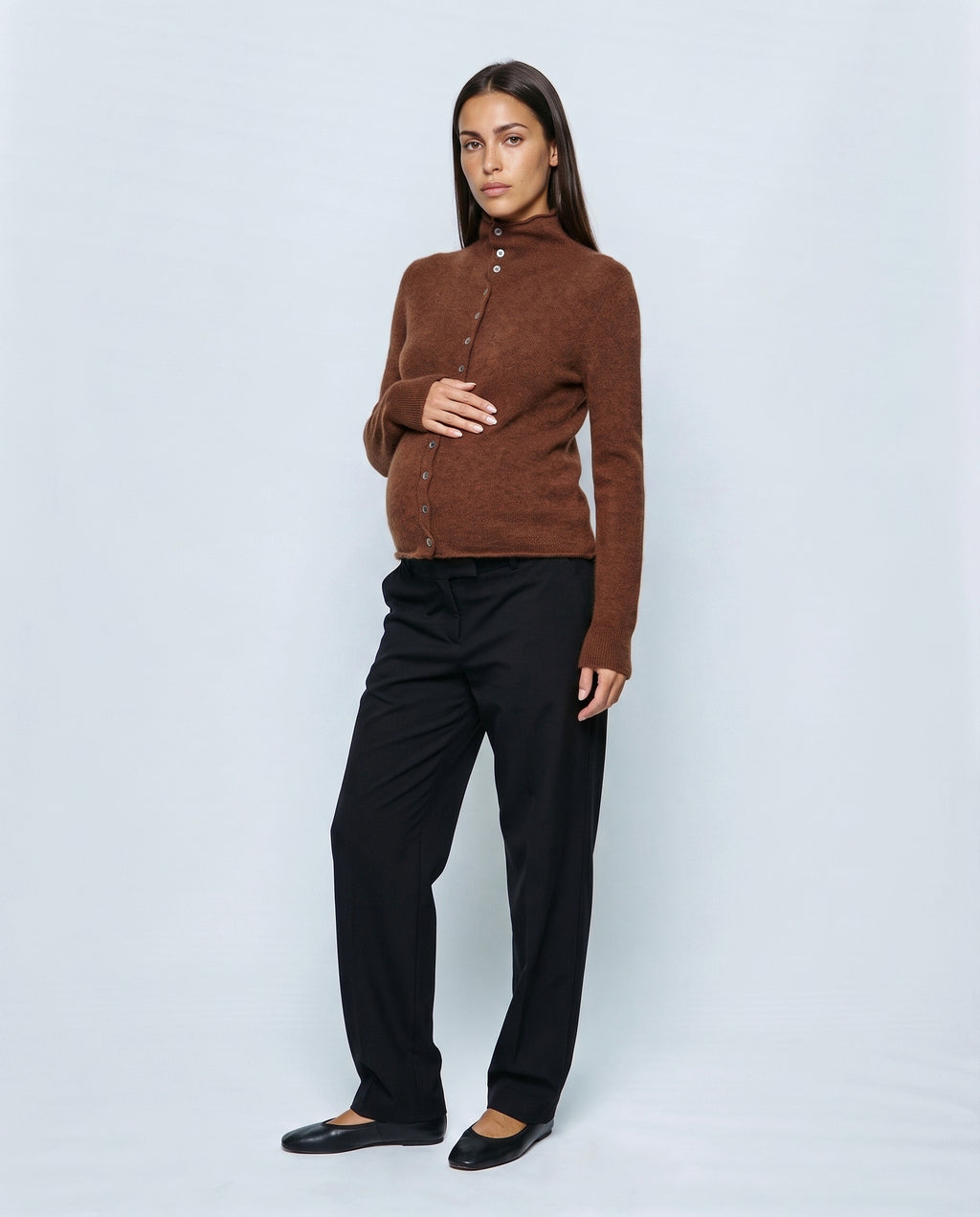 Clemence Roll-Edge Cardigan in Walnut, front view