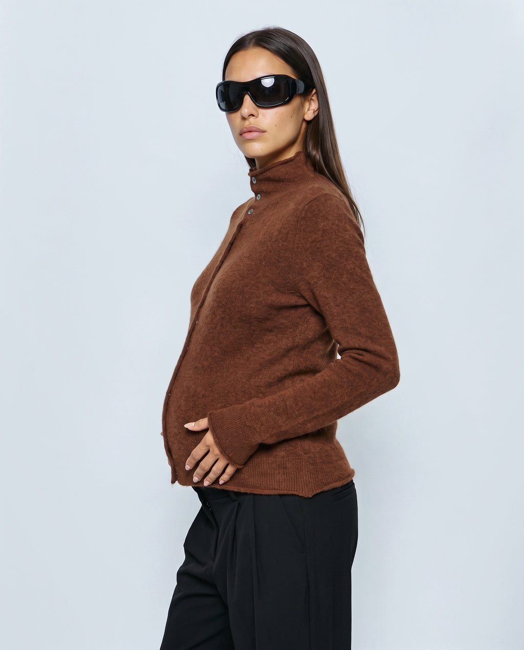 Clemence Roll-Edge Cardigan in Walnut, side view