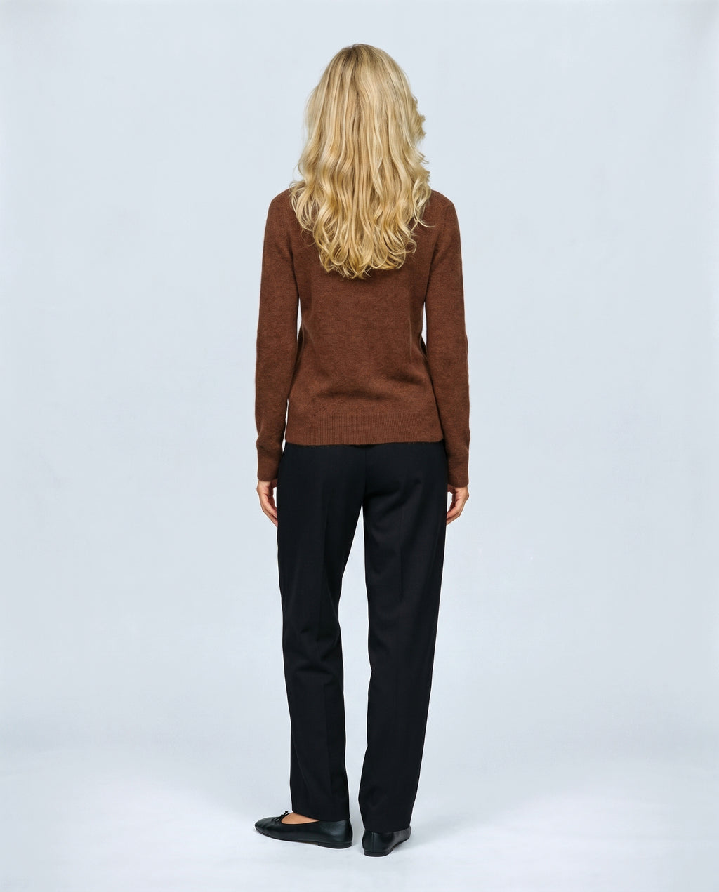 Clemence Roll-Edge Cardigan in Walnut, back view on a non-pregnant model