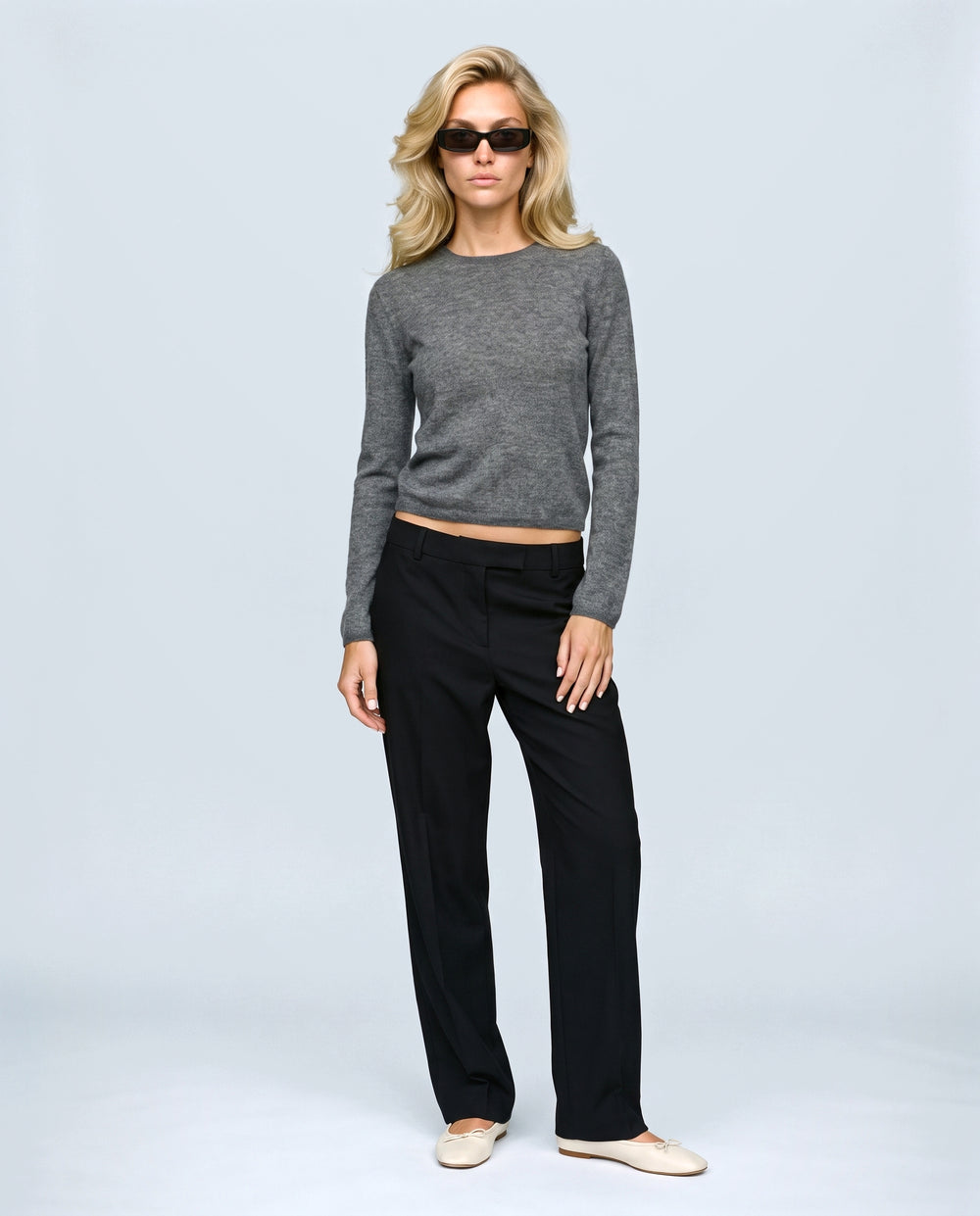 The Refined Crewneck Knit in Grey, front view on a non-pregnant model