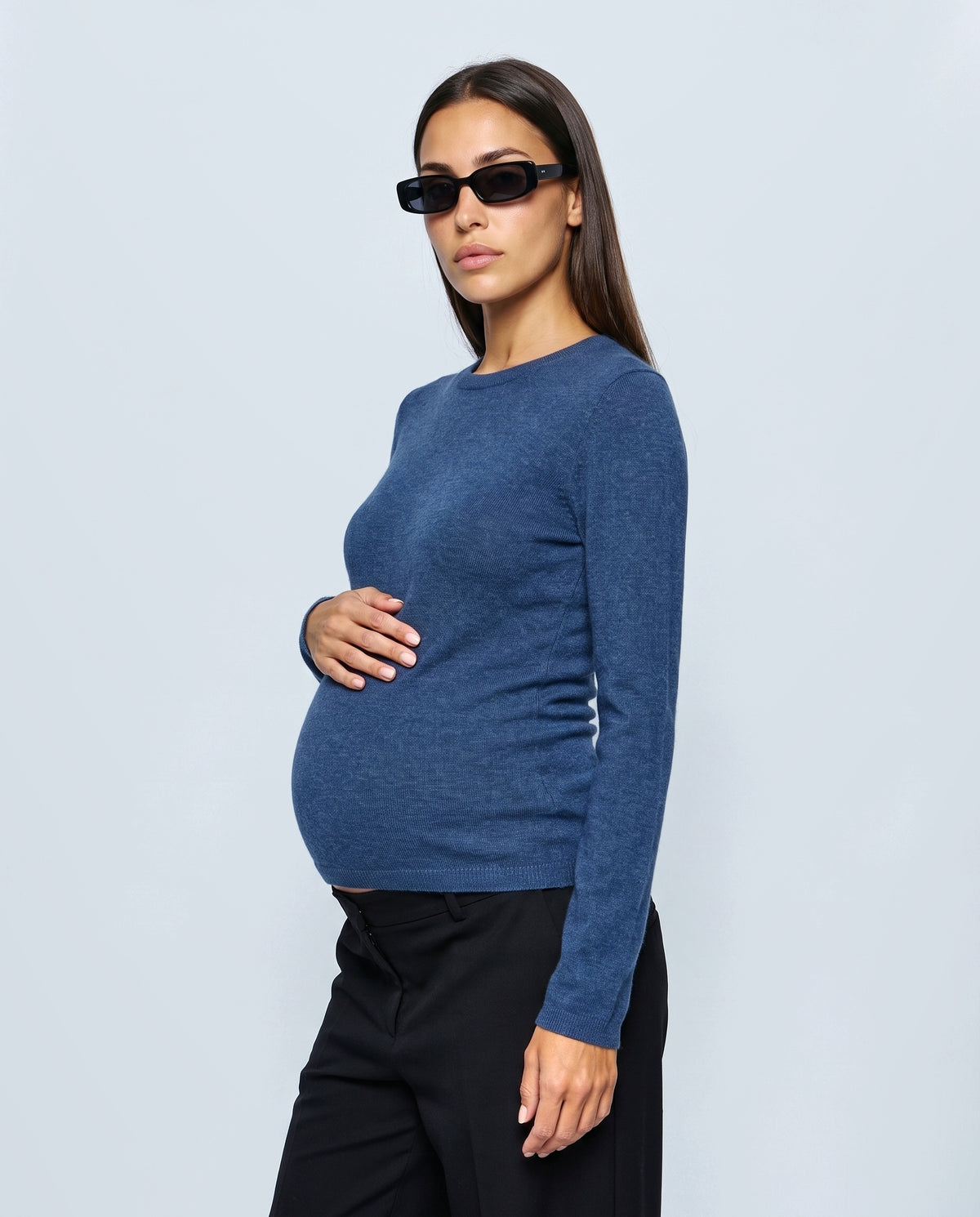 The Refined Crewneck Knit in Ink blue, side view
