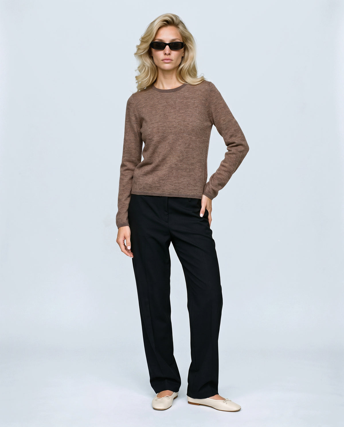 The Refined Crewneck Knit in Wheat, front view on a non-pregnant model