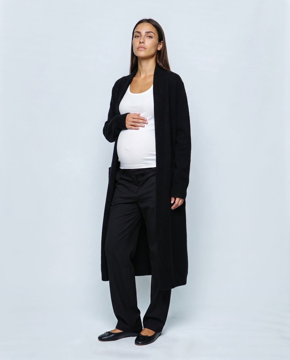 The Open-Front Longline Cardigan in Black, front view