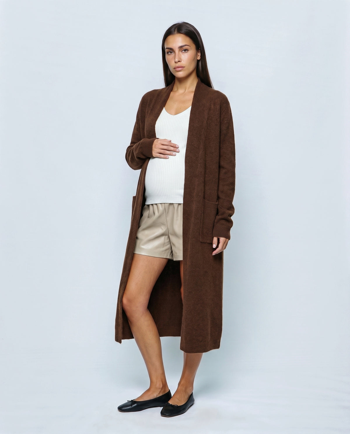 The Open-Front Longline Cardigan in Brown, front view