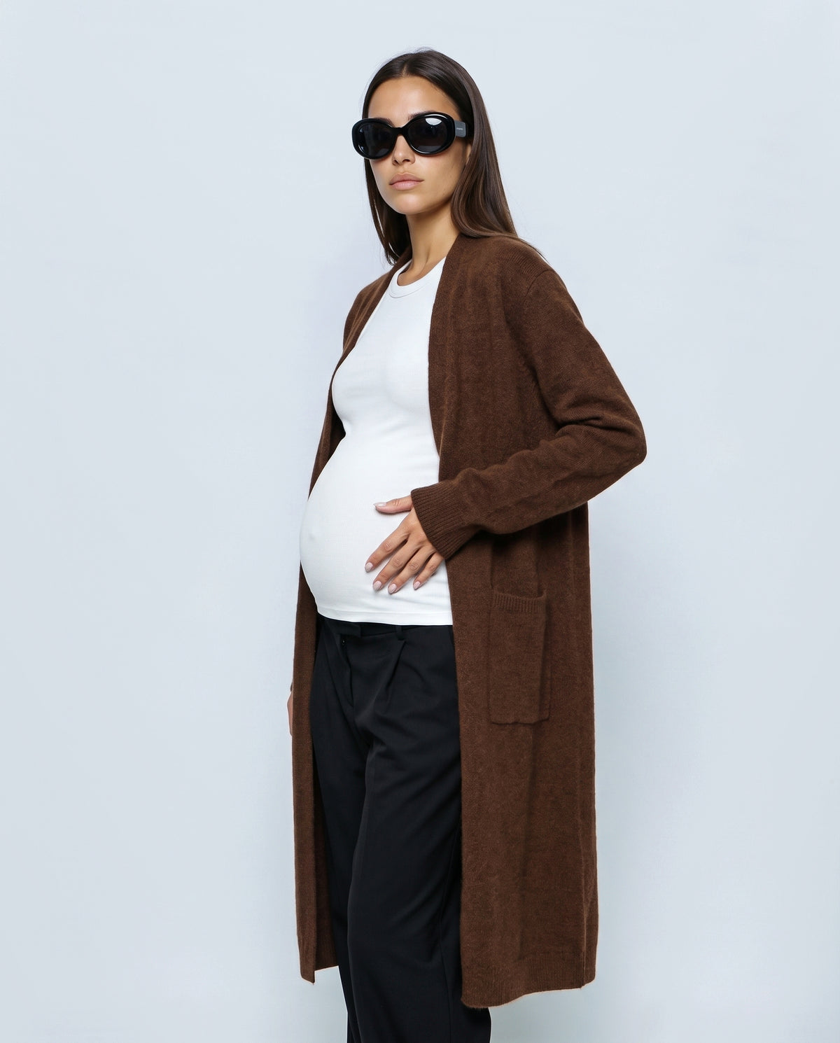 The Open-Front Longline Cardigan in Brown, side view