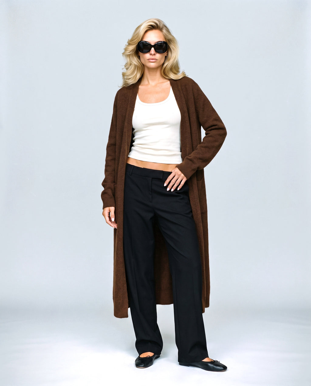 The Open-Front Longline Cardigan in Brown, front view on a non-pregnant model