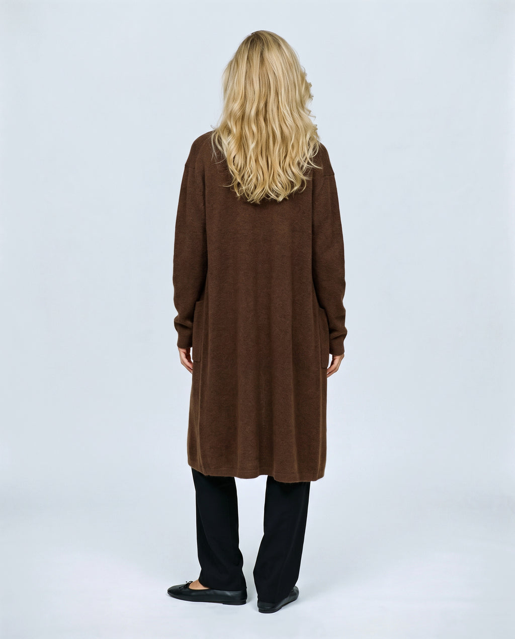 The Open-Front Longline Cardigan in Brown, back view on a non-pregnant model