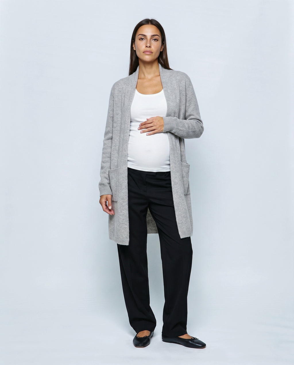 The Open-Front Longline Cardigan in Grey, front view