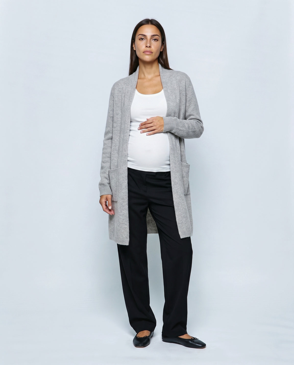 The Open-Front Longline Cardigan in Grey, front view