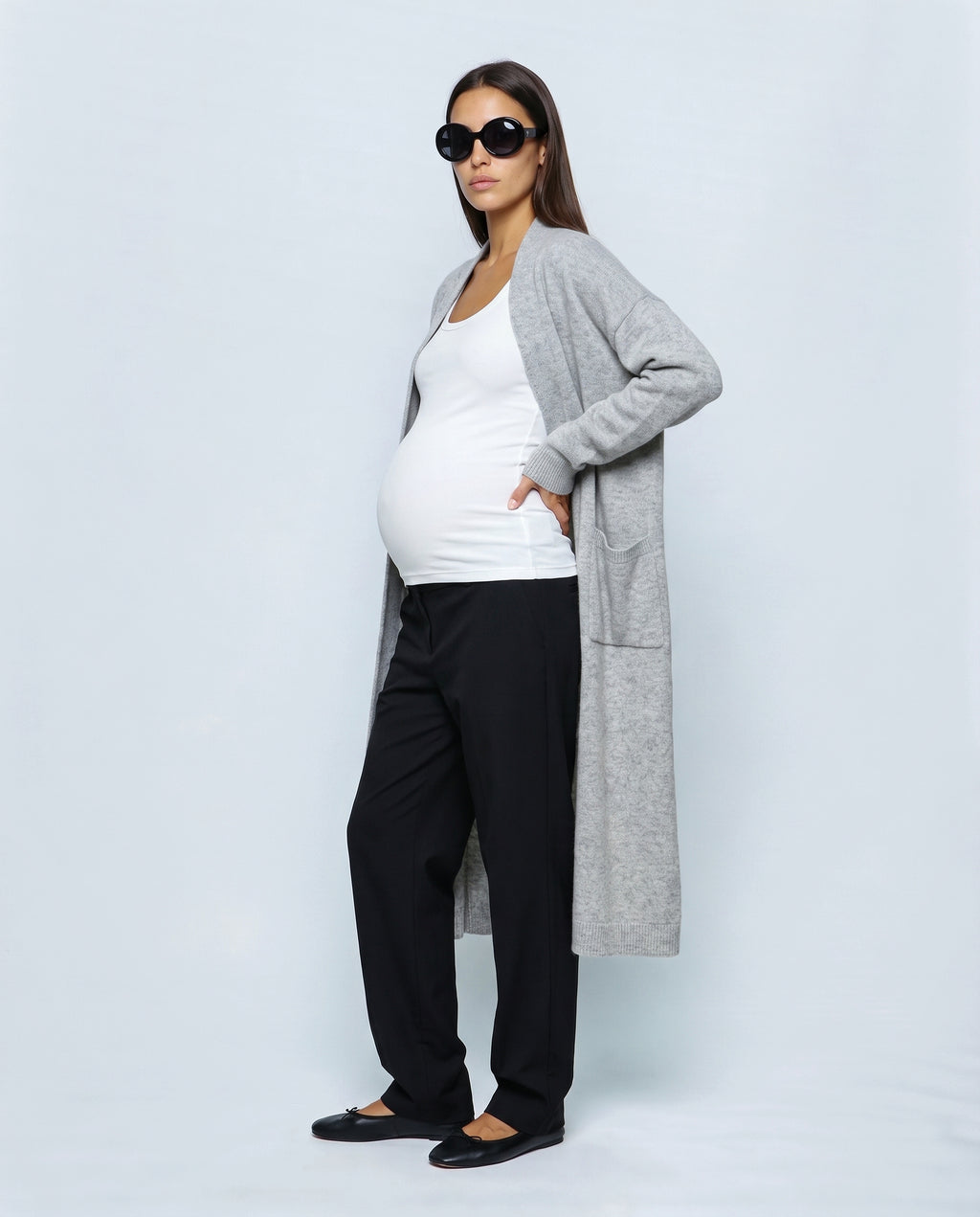 The Open-Front Longline Cardigan in Grey, side view