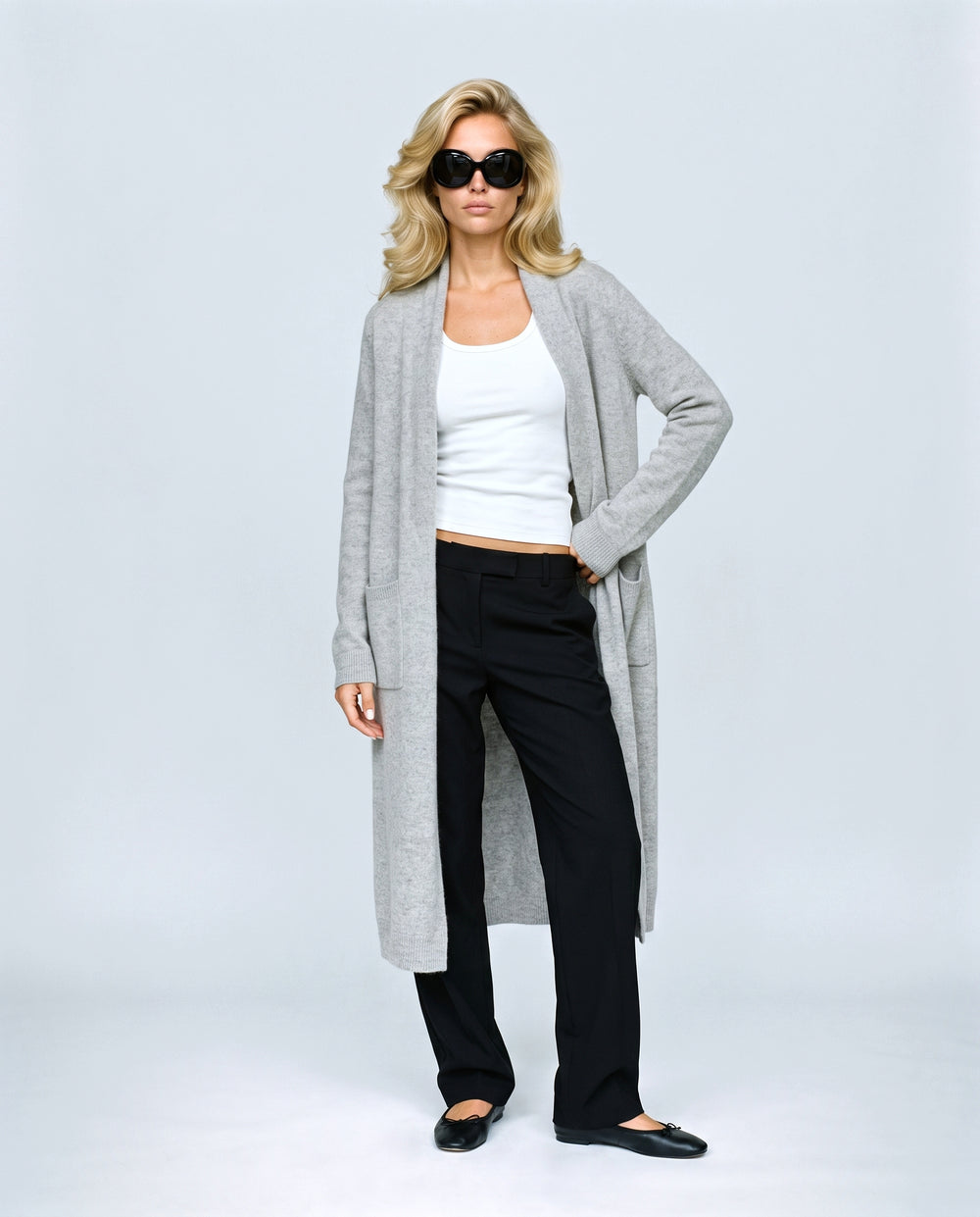 The Open-Front Longline Cardigan in Grey, front view on a non-pregnant model